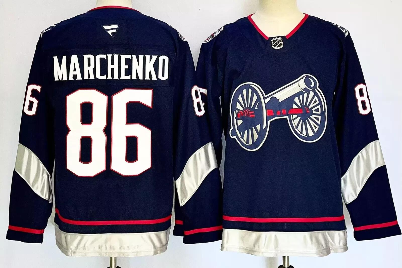 Men's Columbus Blue Jackets #86 Kirill Marchenko Navy 2024-25 With C Patch Stitched Hockey Jersey